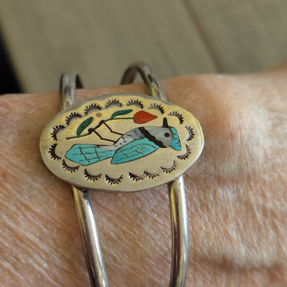 Sold Vintage Native American Zuni Guardian Blue Jay Inlaid Bracelet - Picture 9 of 9